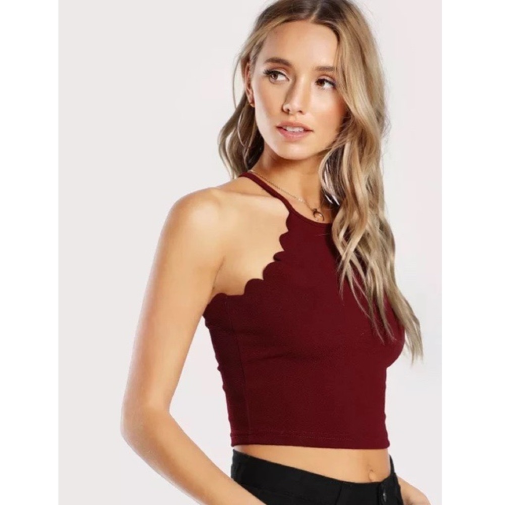 Burgundy Scallop Trim Sleeveless Crop Top
